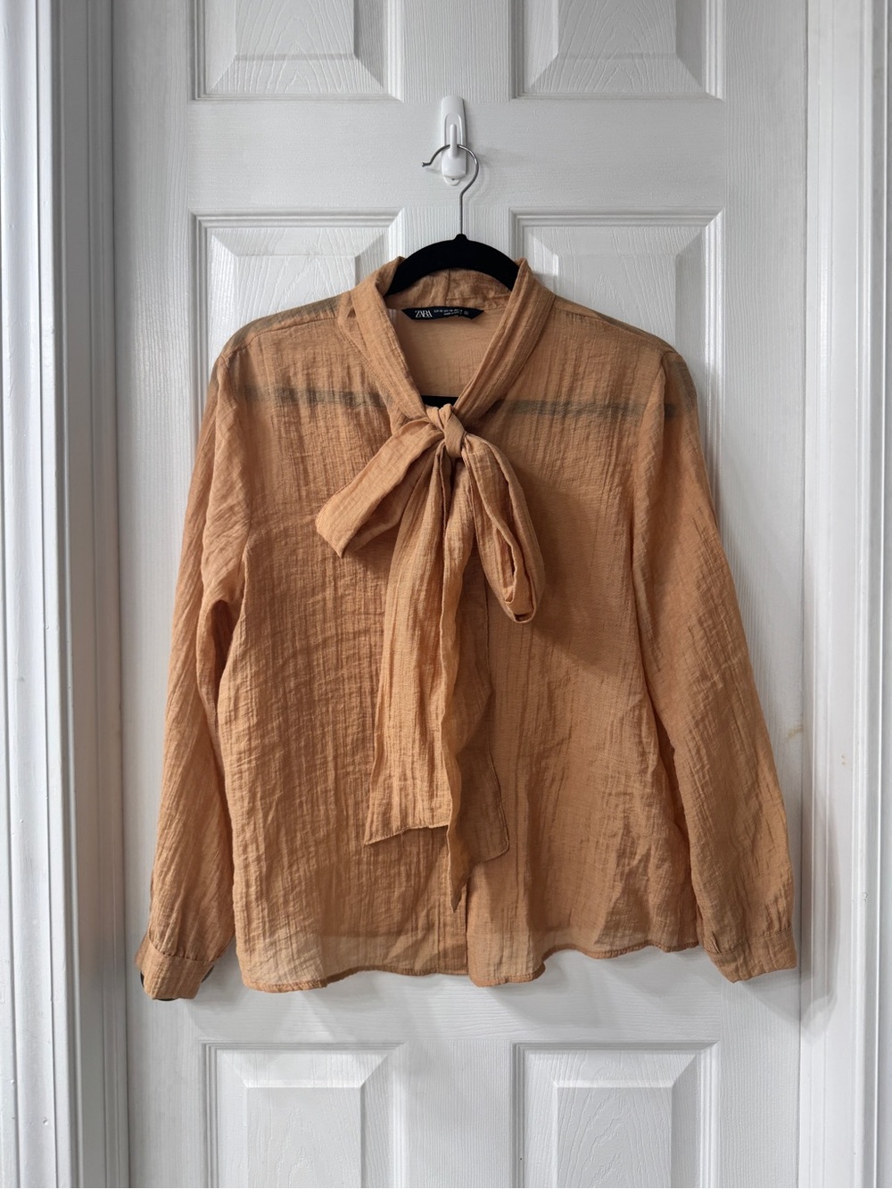 Zara Peach Tie-Neck Long Sleeve Blouse